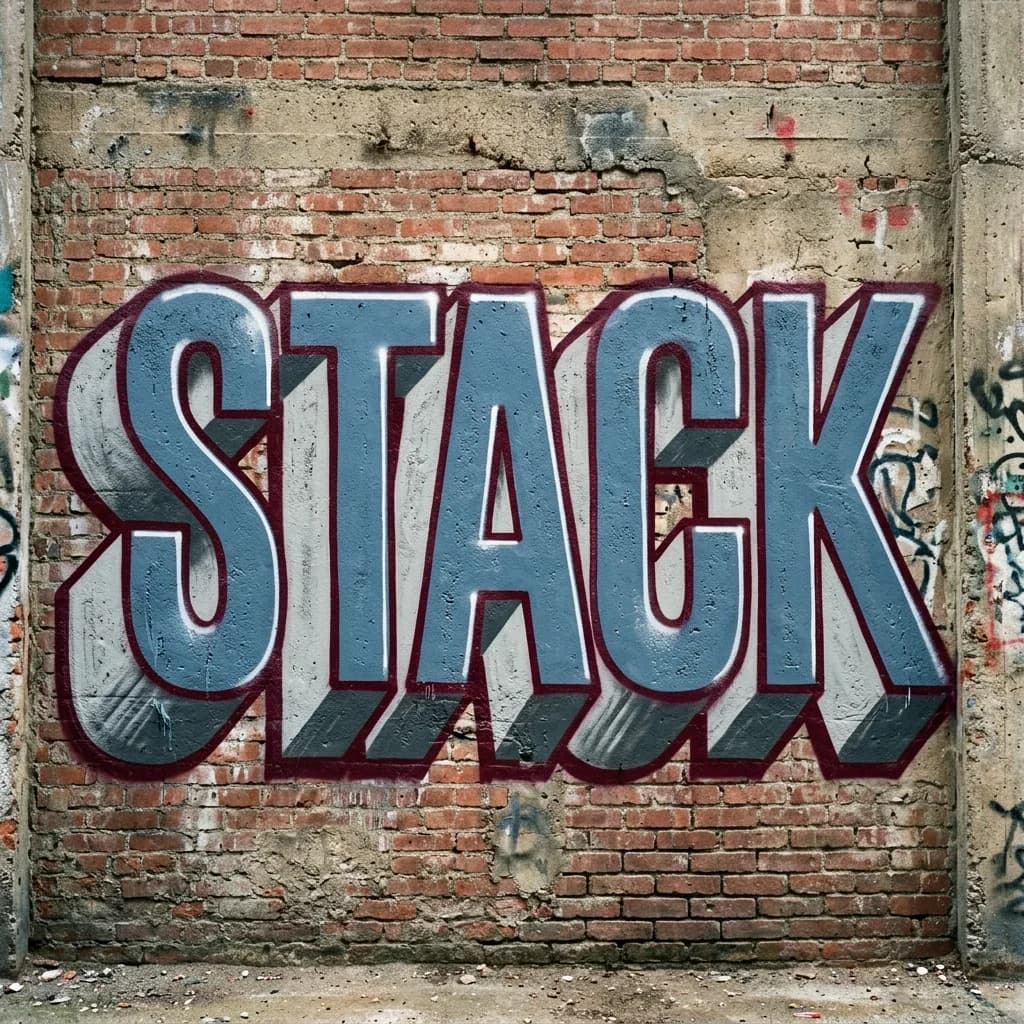 STACK 3D graffiti with steel-blue faces, painted side planes, and hand-sprayed depth on a brick wall