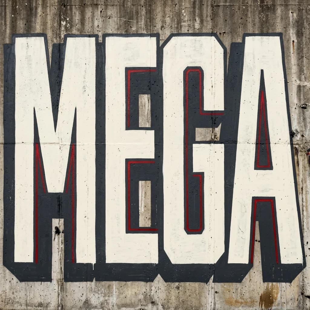 MEGA blockbuster graffiti with towering off-white straight letters and red inline accents on a concrete wall