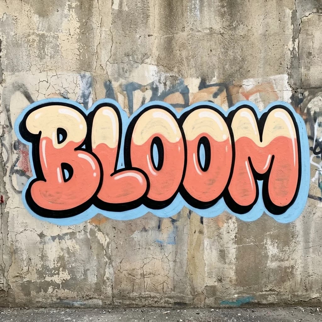 BLOOM bubble-letter graffiti in coral and cream with a sky-blue shadow on a worn alley wall