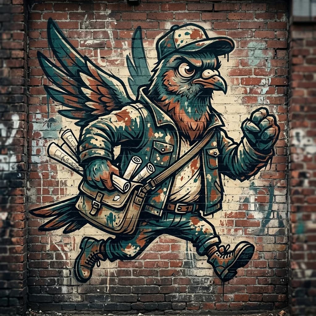 Courier pigeon graffiti character mural with paint-stained jacket, sketch rolls, and teal-rust palette on a brick wall