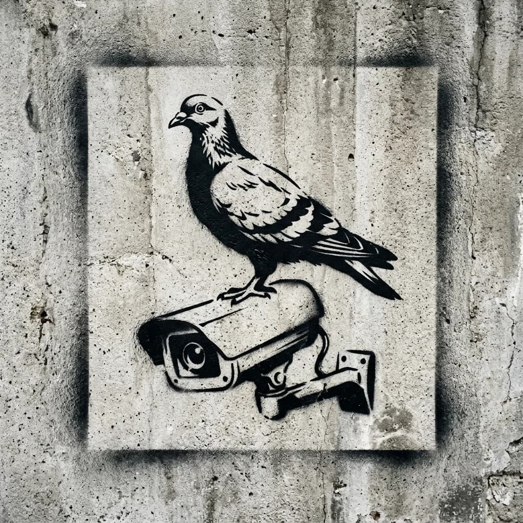 Black stencil graffiti of a pigeon perched on a bent surveillance camera sprayed directly onto raw concrete