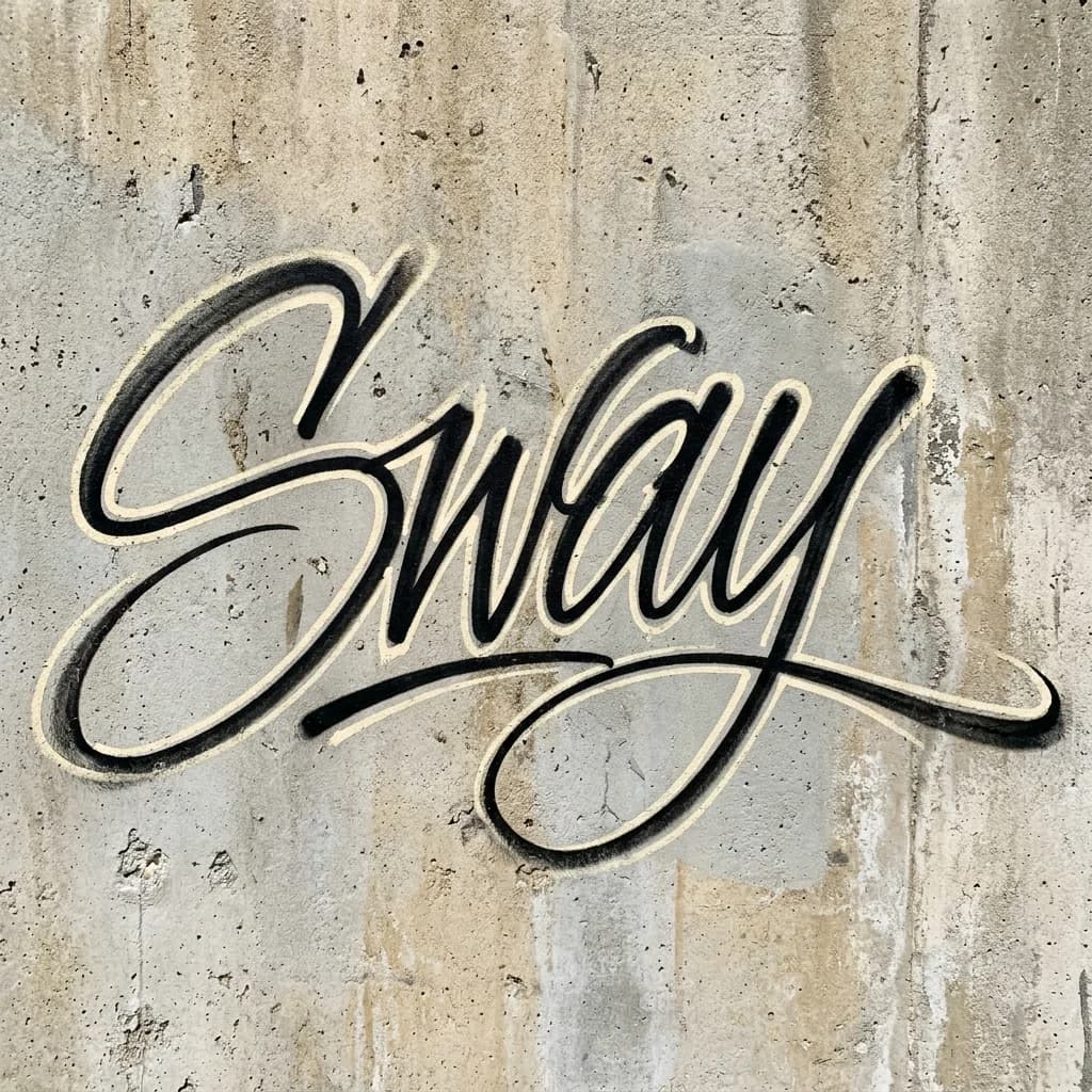 SWAY handstyle graffiti tag with sweeping black signature lines and a cream keyline on a weathered concrete wall
