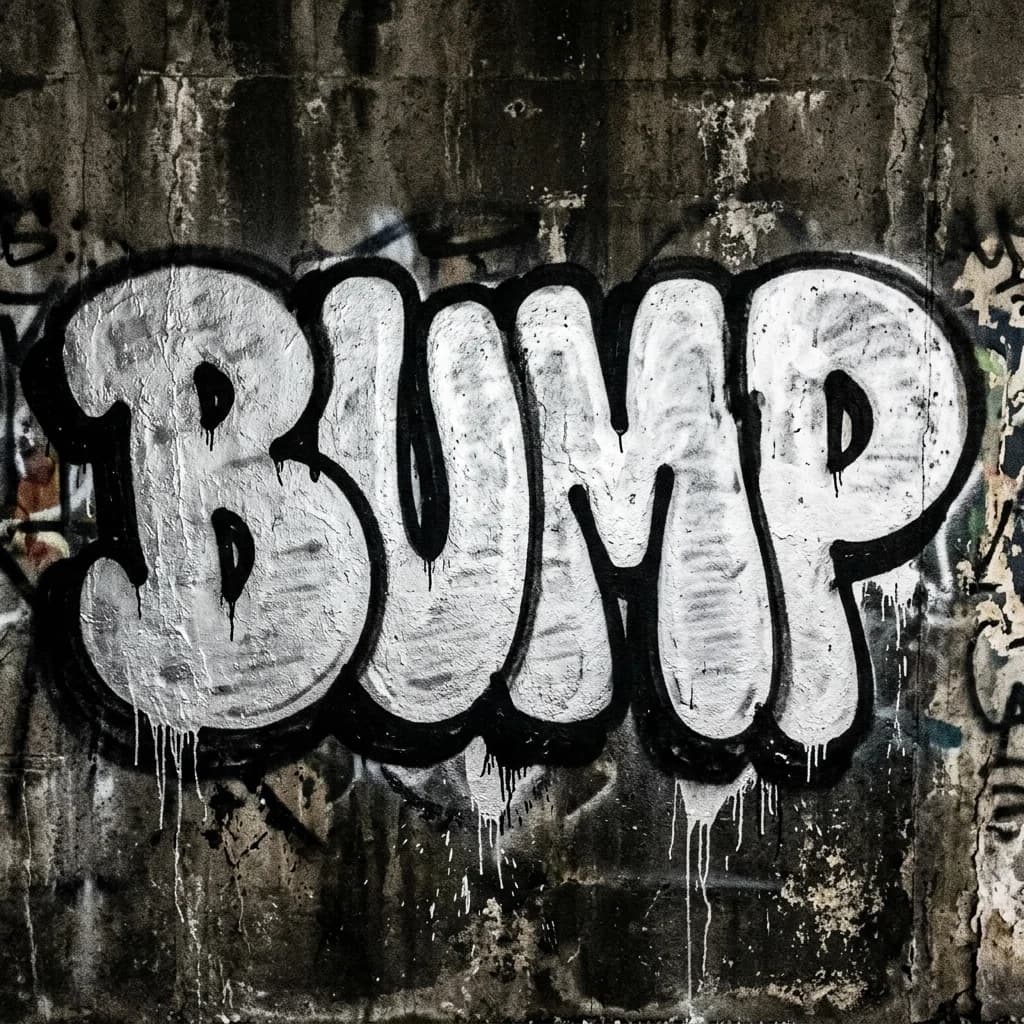 BUMP throw-up graffiti in silver with a thick black outline and drips on a dark underpass wall
