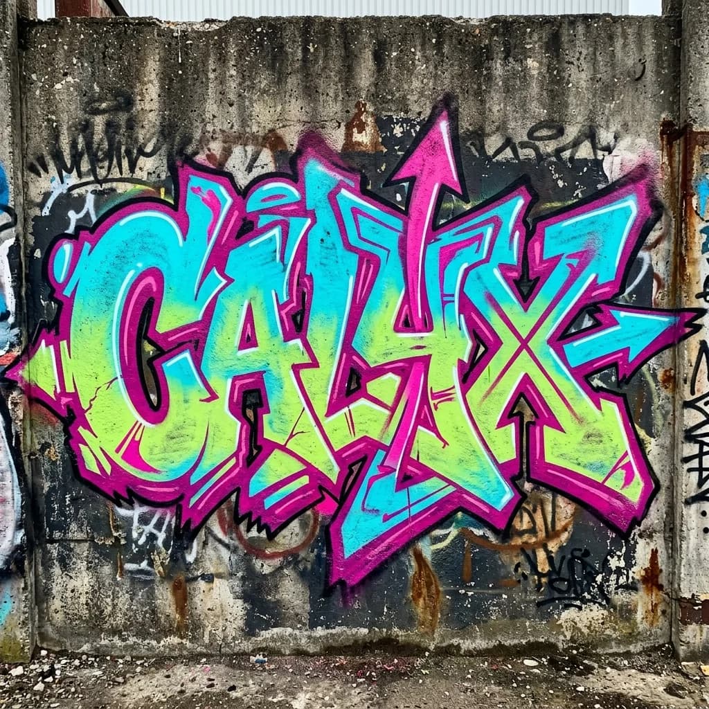 CALYX wildstyle graffiti burner with cyan and lime fills, magenta outline, and compact arrows on a freight-yard wall